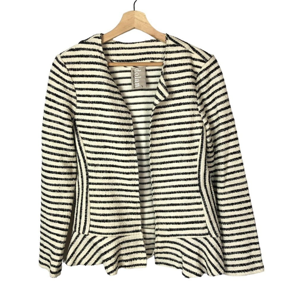 Anthropologie Dolan White Navy Stripe Knit Open Front Ruffle Hem Blazer Jacket S